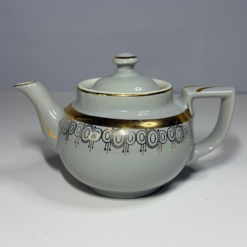 Hall China 2 Cup Teapot Gray Gold Gilt Filigree Vintage Made in USA 0.03 92